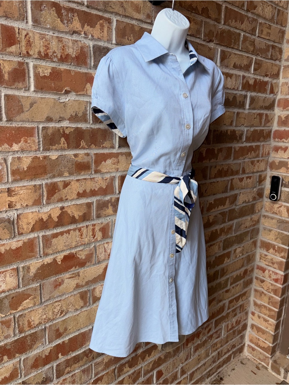 Ann Taylor Light Blue Button-Front Shirtdress with Striped Waist Sash size 14